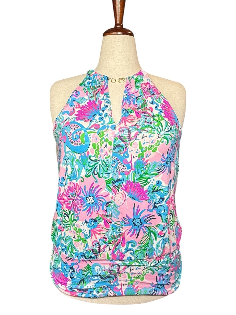 Lilly Pulitzer Bowen Pink Floral Halter Top with Gold Tone Chain Size Large